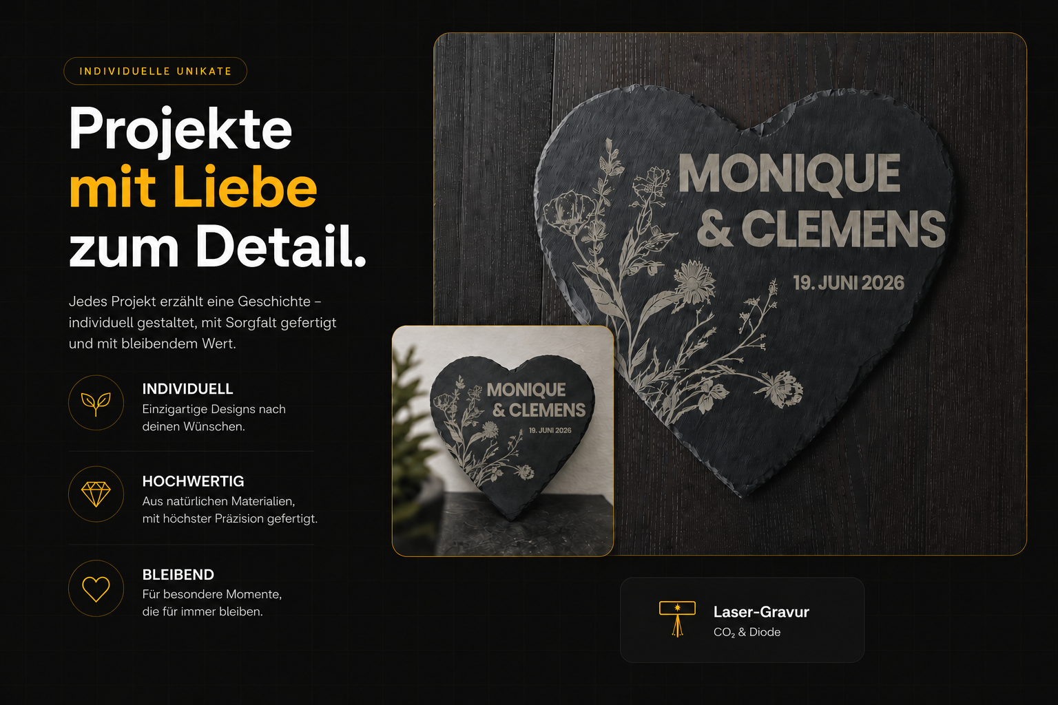Personalisierte Laser-Gravur auf Schiefer – Herz-Form mit Namen Monique & Clemens und Blumenmotiv